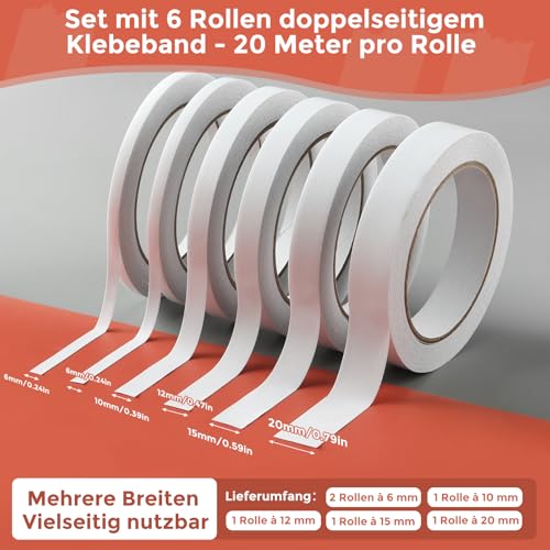 6 Rollen Doppelseitiges Klebeband - dünn & Klebefest für Basteln, Papier, Karten, Geschenkverpackung sowie leichte Aufgaben zu Hause & Büro | Breitenmix: 6/6/10/12/15/20 mm | 6x20m (Gesamtlänge 120m)