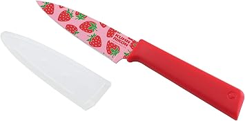Kuhn Rikon Colori+ Non-Stick Straight Paring Knife with Safety Sheath, 4 inch/10.16 cm Blade, Funky Fruit Strawberry