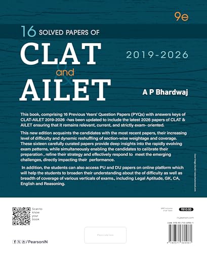 Image of Pearson'26| 16 years Solved Papers of CLAT and AILET 2019-2026|Free PU and DU papers online| Separate units on Logical Reasoning and Analytical Reasoning|2 Mock Papers with solutions