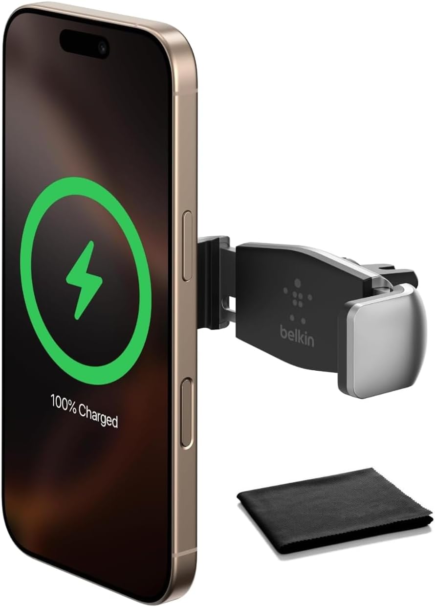 Belkin Universal Car Vent Mount for Smartphones – Secure Adjustable Grip Holder for iPhone, Samsung, Pixel, LG, Rotates 180° for Portrait & Landscape, Cable Management Clip, Black, With Cleaning Cloth