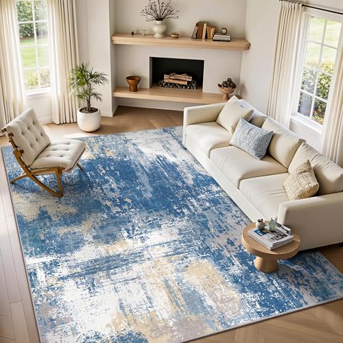 Image of 5x7 Rugs for Living Room - Modern Abstract Washable Rug, Ultra Soft Non Slip Low Pile Large Rugs, Floor Carpet for Bedroom Dining Room Office Laundry Nursery Home(Blue & Beige)