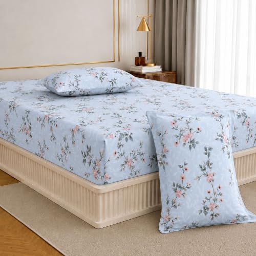Image of Jaipur Weaves Fitted Bedsheet Queen Size 100% Pure Cotton Bed Sheet with 2 Pillow Covers, 240 TC Premium Bedding Set, 60x78 inches, Super Soft Cozy(Spring Tulips Blue)