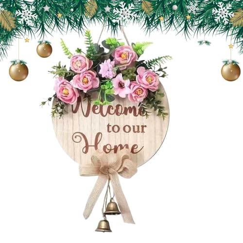 Cartel Welcome a casa nuestra - Guirnalda rústica con flores para puerta de entrada de 30 cm | Porche primaveral y frontón de pared, decoración para puertas interiores y exteriores de San