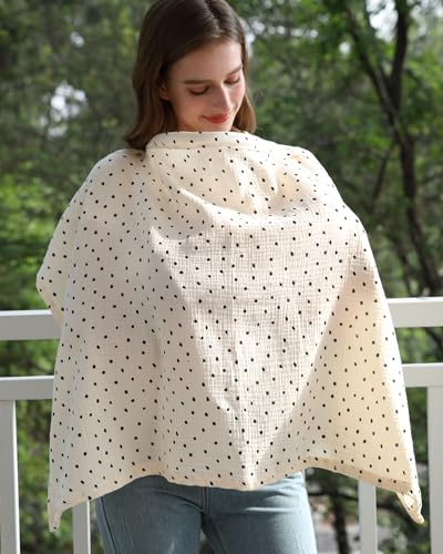 Nursing Cover for Baby Breastfeeding with Rigid Hoop, Breathable Soft 100% Muslin Cotton, Baby Breast Feeding & Pumping Apron (Beige Polka dots)