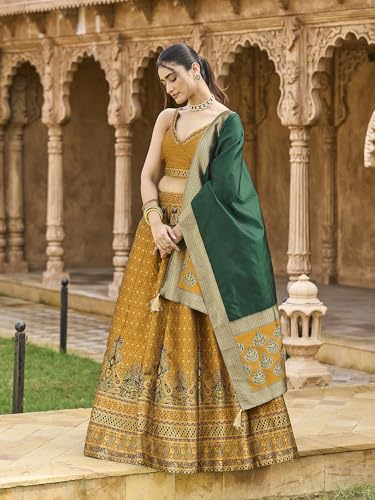 Image of PURVAJA Women's Kanjiwaram Semi-Stitched Lehenga choli