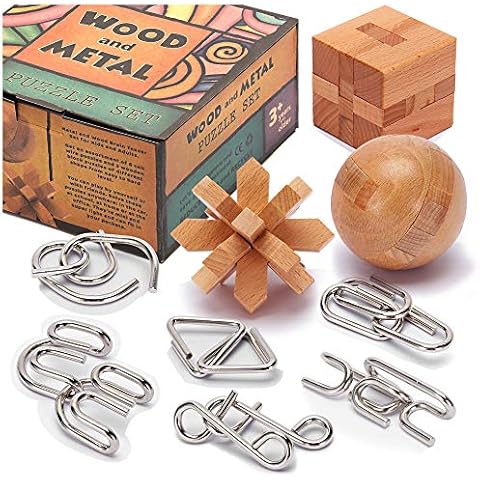 LESONG Brain Teasers Metal and Wooden Puzzles for Kids and Adults 9 Pack, Mind, IQ, and Logic Test and Handheld Disentanglement Games, 3D Coil Cast Wire Chain and Durable Wood Educational Toys Cover
