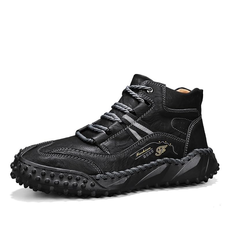 Men's Premium Leather Outdoor Sneakers, Workwear Style, Old Textured Design, Casual Walking Shoes, High Top Casual Shoes, Hiking Shoes, Hand Sewn Sole