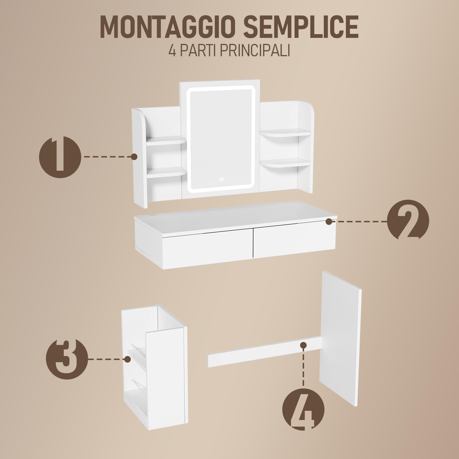 JUMMICO Toeletta con Specchio LED, Luminosità Regolabile, Tavolo da Trucco 90 cm con 2 Grandi Cassetti, 6 Ripiani Aperti, Vano Laterale, Mobile per Camera da Letto (Bianco, Con Sgabello)
