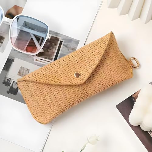 Image of kytasryl Soft Leather Sunglasses Bag,Travel Sunglass Holder Eyeglass Case Portable Slim Sunglasses Pouch (Woven Straw)