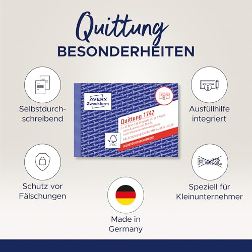 AVERY Zweckform 1742-10 Quittungsblock Kleinunternehmer (A6 quer, 2x40 Blatt, selbstdurchschreibend, fälschungssicherer Dokumentendruck, nach Kleinunternehmerregelung ohne MwSt., für DE/AT) 10er-Pack
