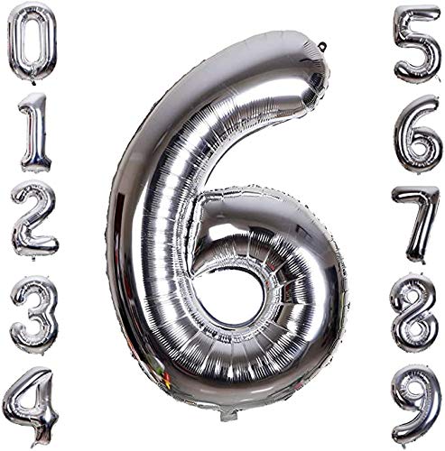 Number Balloons 32inch Inflatable Foil Helium Numbers 0-9 for Special Occasions, Birthday Wedding Engagement Anniversary, New Year, Graduation, Party Decorations (6, Silver)