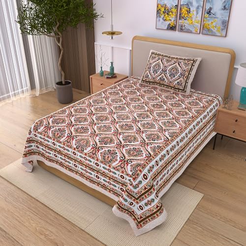 Image of 100% Cotton Single Bedsheet with 1 Pillow Cover | 240 TC Pure Cotton Flat Bed Sheet | Traditional Jaipuri Printed Bedding Set | Soft & Breathable | 60 x 90 Inch (Rangmahal Single 26)