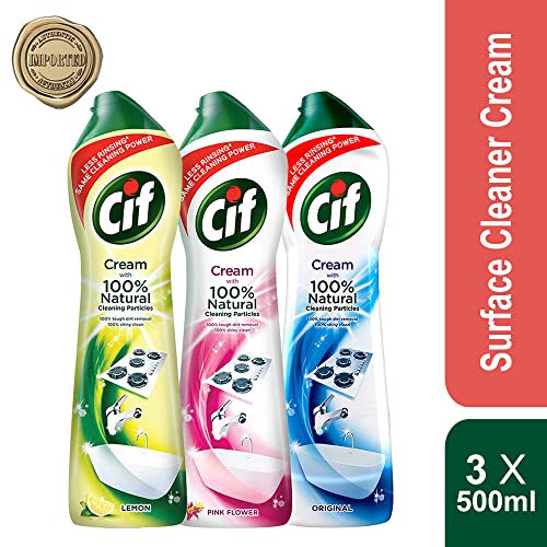 Image of Cif Lemon, Pink and Original Multipurpose Surface Cleaner Cream for Kitchen & Bathroom | 100% Dirt & Grease Removal With Natural Cleaning Particle For Shiny Surface |Imported |3x500 ml, Multicolor