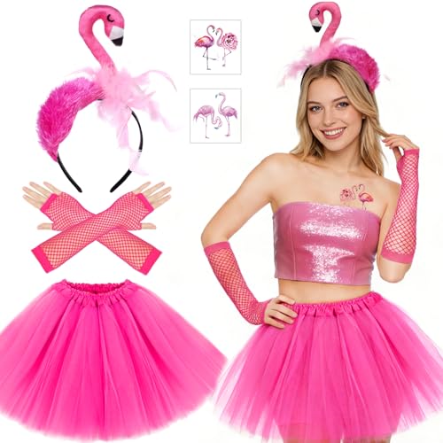 Flamingo Kostüm Damen Kostüm Flamingo Accessoires Damen 5 Stück Faschingskostüme Damen mit FlamingoHaarreif Rosa TattooTüllrock Karnshandschuhe FlamingoDeko für Fasching Karneval Party