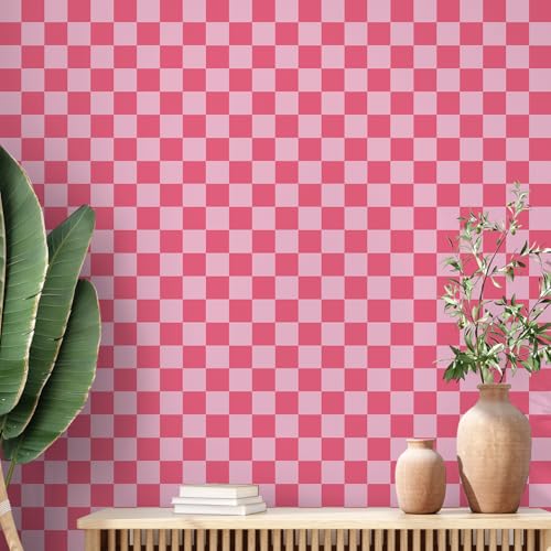 Drydiet Hot Pink Checkered Peel and Stick Wallpaper Gingham Plaid Funky Checkered Contact Paper Waterproof Vintage Wallpaper Checkerboard Decor for Bathroom Cabinet(15.75 x 118)