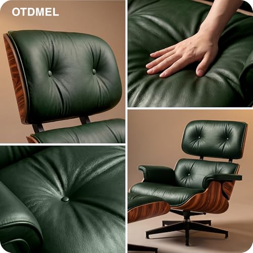 Image of Luxury Top Green Grain Leather, Mid Century Chaise Lounge Chair and Ottoman, Modern Chair Classic Design, Rosewood, Heavy Duty Base Support for Living Room Office