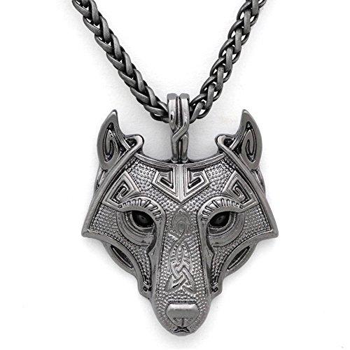 GuoShuang Norse Vikings Pendant Necklace Norse Wolf Head Necklace Original Animal Jewelry Wolf Head hange with Valknut Gift Bag
