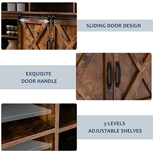 Farmhouse Coffee Bar Cabinet Rustic Sliding Barn Door Storage Cabinet With Power Outlet, Buffet Server Sideboard Cupboard Table For Dining Room Entryway Kitchen (Rustic Brown) #TOP2