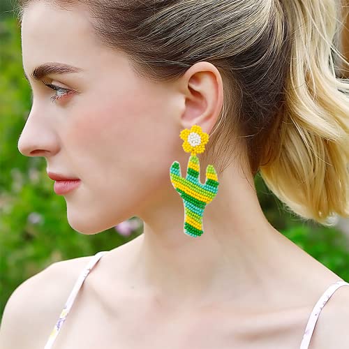 Jeanbeau Boho Beaded Flower Yellow Cactus Dangle Drop Earrings For Women Teen Girls – Trend Long Bohemian Green Seed Beads Handmade Plant Dangling Earing Summer Beach Tropical Accessories Colorful Jewelry Gift #TOP4