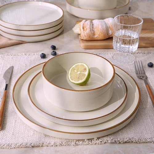 Image of Famiware Nebula Plates and Bowls Sets, 18 Pieces Stoneware Dinnerware Sets, Microwave and Dishwasher Safe Dish Set, Dishware Sets for 6, Vanilla White with Brown Rim