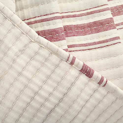 Image of Lush Decor Farmhouse Stripe Kantha Pick Stich Yarn Dyed Cotton Woven Throw Reversible Ticking Pinstripe Design Blanket, 50 inch x 60 inch, Red