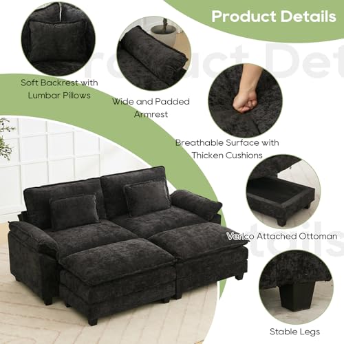 Image of Oprisen 86 inch Modular Sectional Sofa, Comfy Cloud Couch Sectional Sofa with Ottoman, Chenille Sofa Sleeper Deep Seat Sofa with Throw Pillows for Living Room (Black)