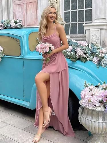 Lindo Novia Chiffon Bridesmaid Dresses for Wedding Spaghetti Straps Cowl Neck Formal Dress for Women Wedding Guest with Slit4