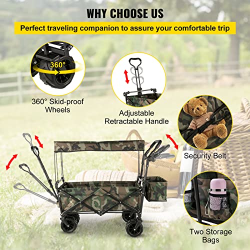 Happbuy Collapsible Folding Wagon with Removable Canopy, Heavy Duty Foldable Wagon Utility Cart for Garden, Camping, Grocery Cart, Beach Wagon Cart with Wheels and Rear Storage, Camouflage - Thumbnail 6