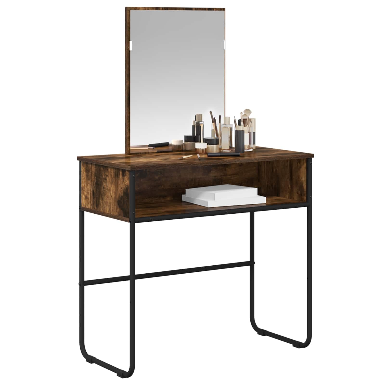 Schminktisch Geräucherte Eiche 81 x 40 x 131 cm Holzwerkstoff mit verzinktem Stahlrahmen Flachspiegel und Stauraum für Schlafzimmer Jugenzimmer Mädchen Makeup Organizer und Ablage