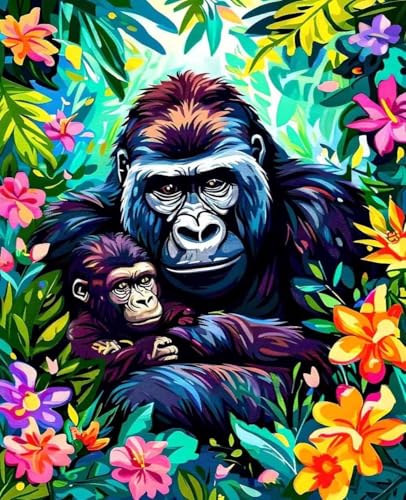 数字油絵 動物 数字キットによる絵画 チンパンジー Paint by Numbers DIYペイント 大人の 初心者 子供用 簡単に塗れる アクリル水彩絵の具 手芸 画材 手工芸 キット 3つのペイントブラシと1つのセットのアクリル顔料を使用 ホーム オフ