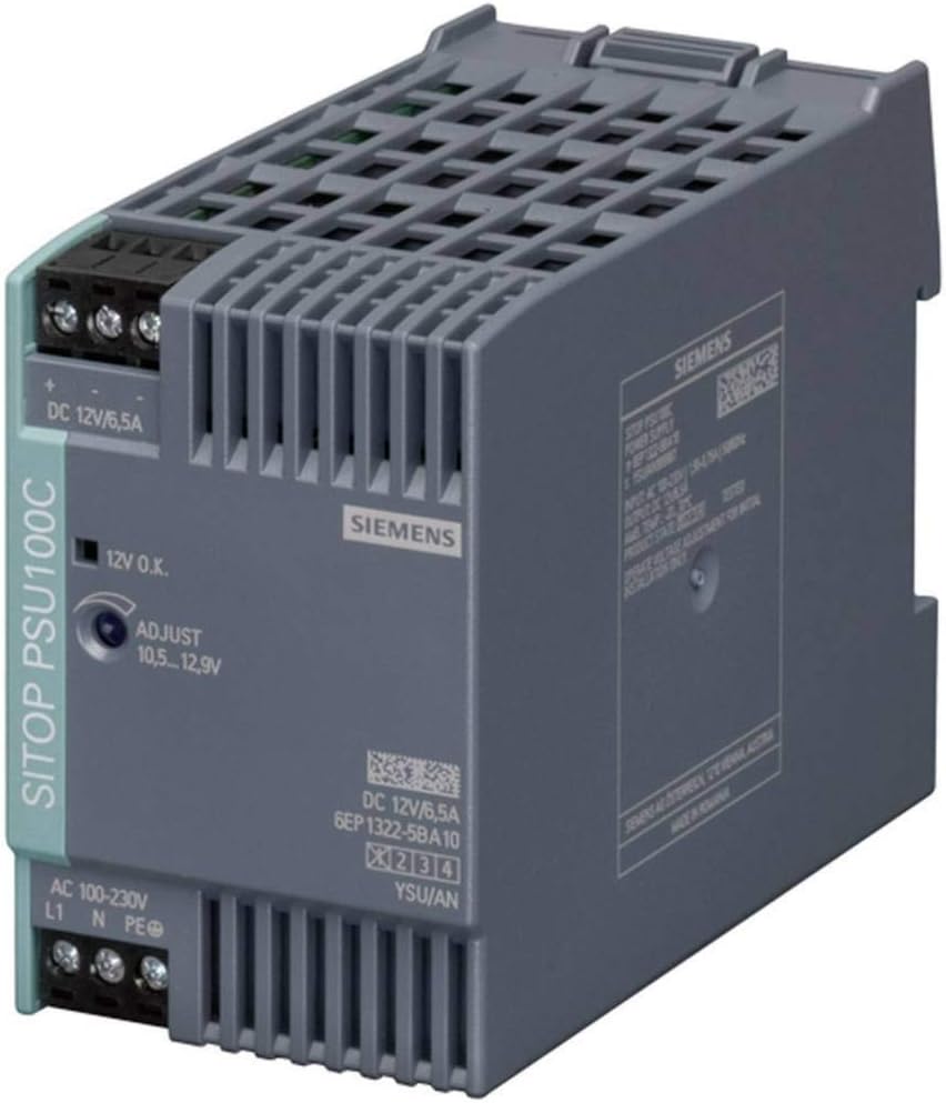 SIEMENS 6EP1322-5BA10 Power Supply, AC-DC, 12V, 6.5A, 100-240V in, DIN Rail Mount, Compact