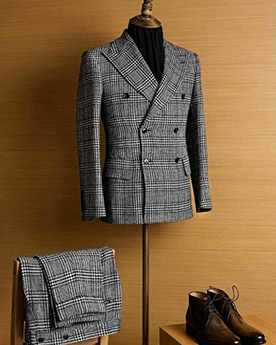 Men's Houndstooth Premium Double Breasted Buttons Tuxedos Peak Lapel Two-Piece Suit Daily Wedding Business Party3