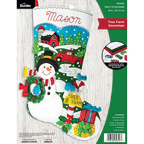 Bucilla, Tree Farm Snowman Christmas 18" Felt Applique Stocking Making Kit, Perfect Supplies for DIY Needlepoint Arts and Crafts, 89316E