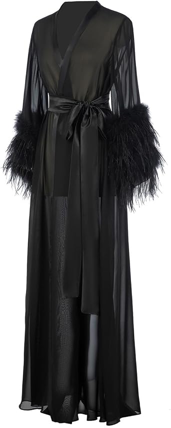 Women's Feather Fur Bridal Sheer Robe Chiffon Lingerie Nightgown Bathrobe Sleepwear Wedding Scarf Illusion