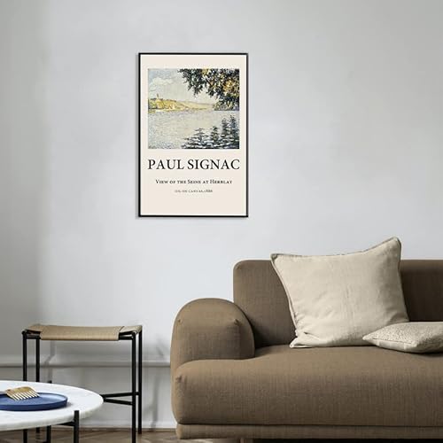 Gufro Pual Signac Framed Canvas Wall Art,View Of The Seine At Herblay Landscape Oil Painting Reproduction Artwork For Living Room, Bed Room, Office Home Decorations - 12''X16''Black Framed #TOP3