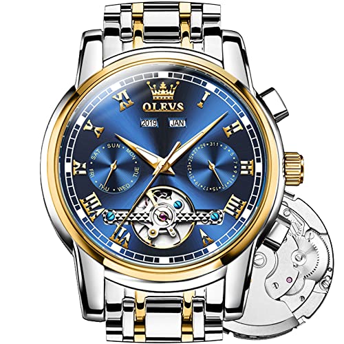 Men's Wrist Watches Automatic for Men Luxury Self Winding Watches Tourbillon Skeleton Man Watches Dress Blue Dial Mechanical Wristwatch Waterproof Stainless Steel 2 Tone Men Watches