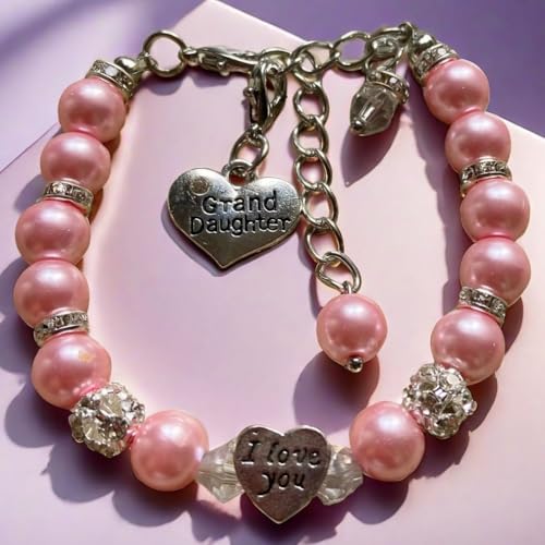 DOLON Pink Glass Pearl Color Crystal I Love You Heart Granddaugther Bracelet Jewelry Back to School Birthday Christmas Holiday Gift - Thumbnail 3