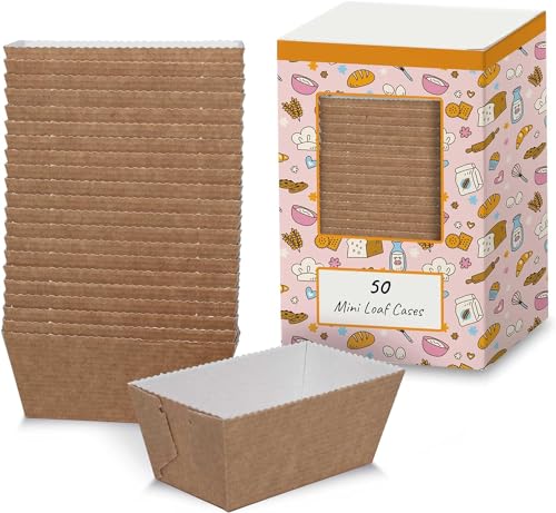 Volila Mini Loaf Cake Cases - 50 Pack Disposable Brown Rectangular Loaf Tin Liners - 8cm x 4cm x 4cm for Cakes, Bread, and Muffins