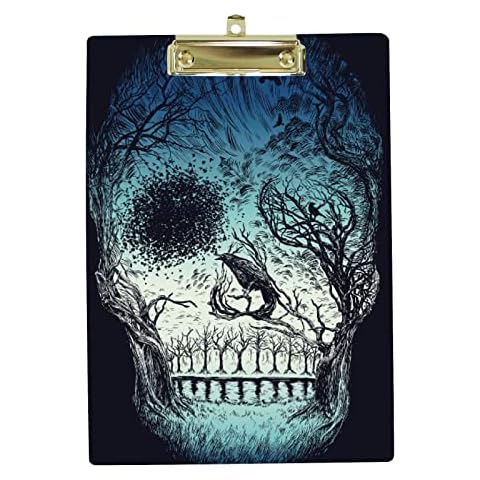 A4 Standard Clipboard Abstract Skull Trees Plastic Clipboards for Student School Office, Low Profile Metal Clip Hanging Hole Cover