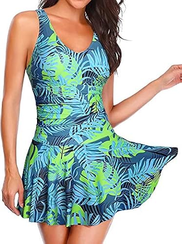 Yonique One Piece Swimsuits For Women Modest Tummy Control Swimdress Vintage Bathing Suits Skirt Swimwear Blue Tropical Leaves S #TOP4