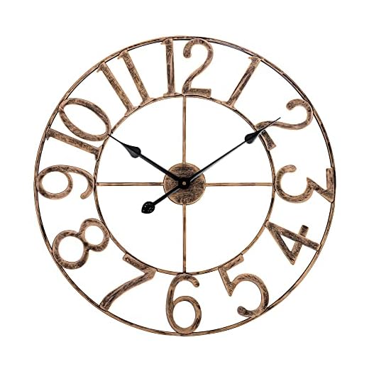 Large Wall Clocks for Living Room Decor, Silent Analog Battery Operated Wall Clock, 24 Inch Bronze Rustic Farmhouse Metal Wall Clock for Indoor, Outdoor