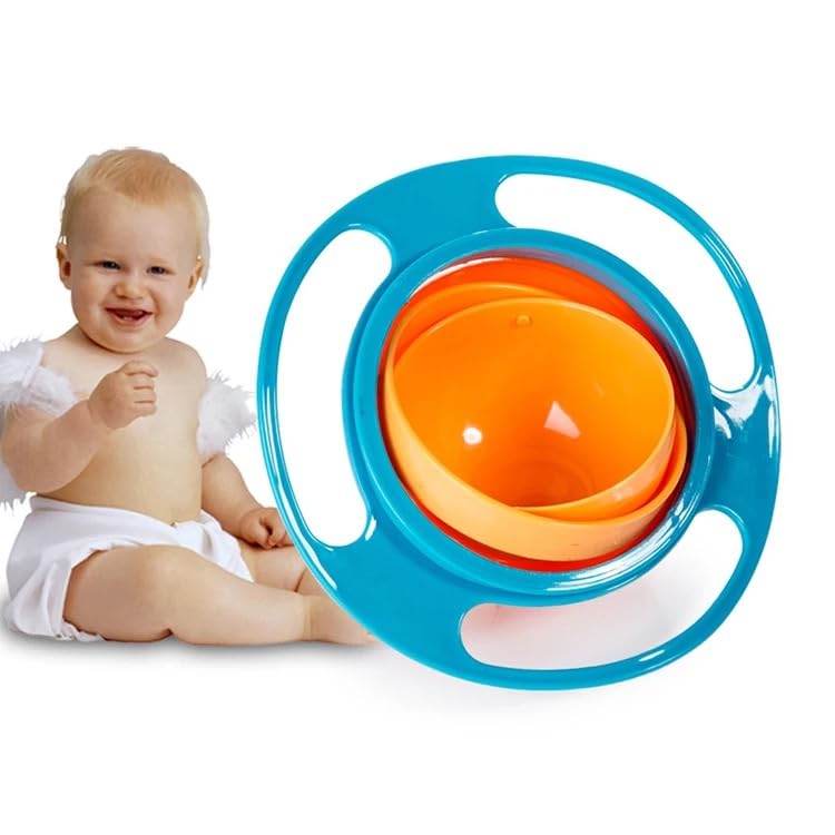 360° Rotating Spill-Resistant Gyro Bowl with Lid – Magic Anti-Spill Feeding Bowl for Toddlers & Kids (Blue)