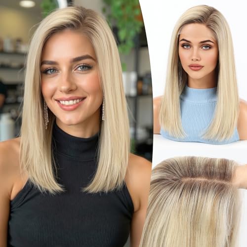 Image of KKU 100% Human Hair Wig, Lace Front Wigs Human Hair Side Part,Ombre Blonde Brown Wig Human Hair, Real Human Hair Wigs for Women(16Inch)