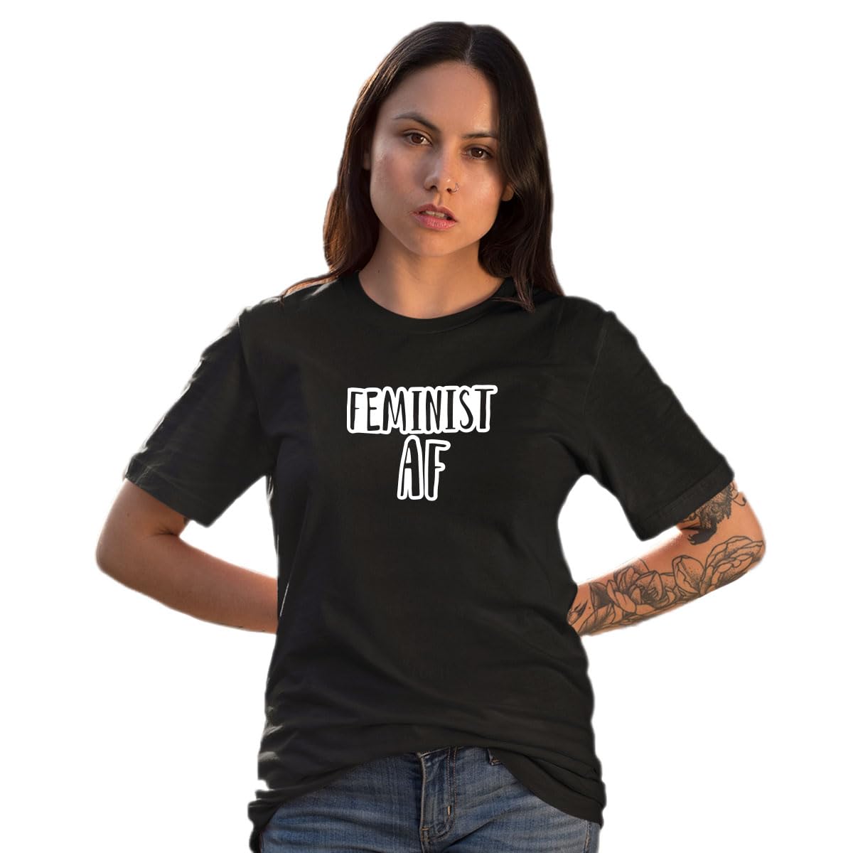 CORGA APPAREL| T-Shirt for Women's | Half Sleeve | Round Neck | 100% Cotton |Feminist AF Graphic Printed Black Tee for Women's