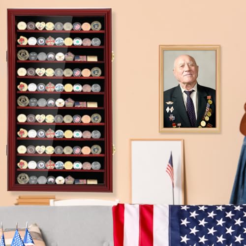Image of Silipull Military Challenge Coin Display Case Wood Medal Wall Mount Lockable Cabinet Rack Holder Shadow Box for Casino Poker Chips Souvenirs