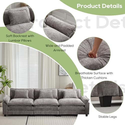 Image of Oprisen 120 inch Modular Sectional Sofa, Comfy Cloud Couch Sectional Sofa, Chenille Sofa Sleeper Deep Seat Sofa with Throw Pillows for Living Room (Light Gray, 120 inch- 3 Seater)