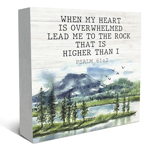 SRADMO Christian Mountain Landscape Wood Box Sign Desk Decor, Christian Gifts for Women Men, Bible Verse Religious Theme Wooden Block Box Sign Decoration for Home Office Desk Shelf Table Decor