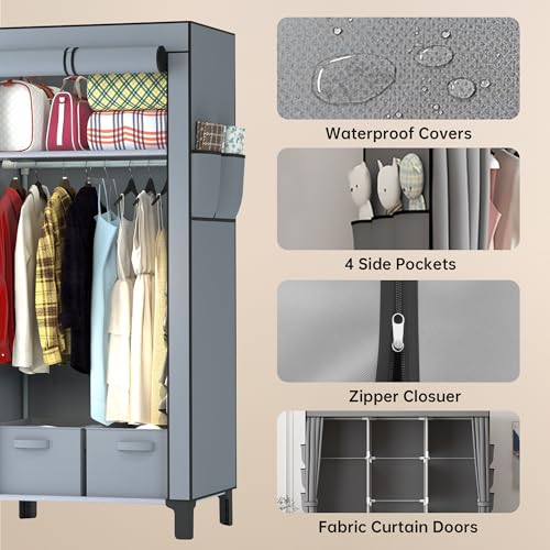 YasTant Canvas Wardrobe for Bedroom Fabric Wardrobe Closet with 2 Hanging Rails,2 Drawers, Portable Temporary Stable Base 161 * 59 * 45cm (2 Columns, 59cm/23.2inch Width, Grey) - Image 4