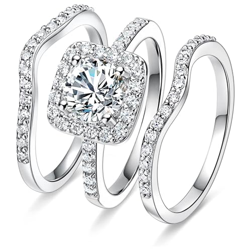 Fake Wedding Rings for Women Travel Wedding Rings Set Fake Engagement Rings Silver Engagement Ring Enhancer Bridal Wedding Rings Set Cubic Zirconia Engagement Rings for Wedding Jewelry Gifts Promise Rings for Her