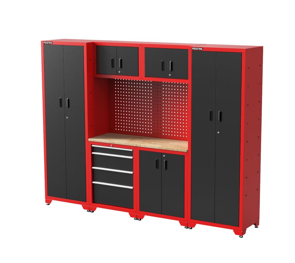Werkstatteinrichtung | Werkzeugschrank Juno 14 | inkl. Lochwand | Schwarz/Rot | 264x46x198 cm